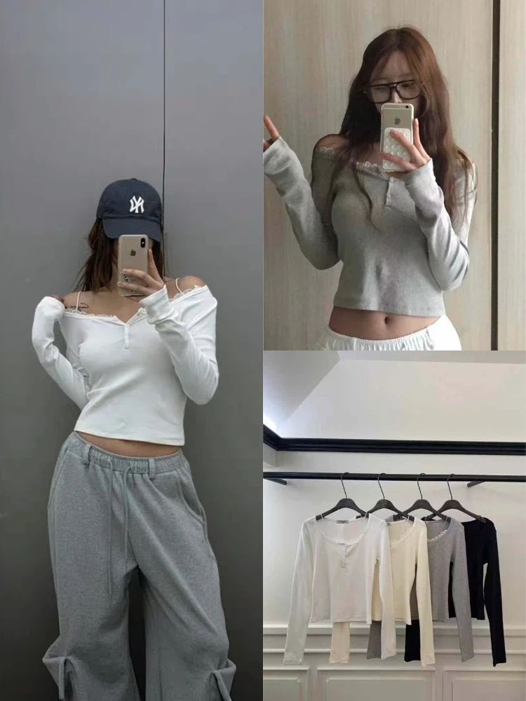   Sle Sweet Cool Lace Patchwork Long Sve Top oulder Bared Or Normal Wear Temporada de otoño Camiseta de mujer ort Le...
