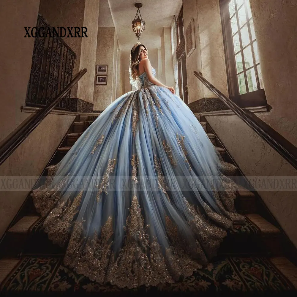 Gaun baru datang Blue Quinceanera 2024 putri Vestido De 15 aagos manis 15 16 Sayang Backless XV pesta Prom ulang tahun