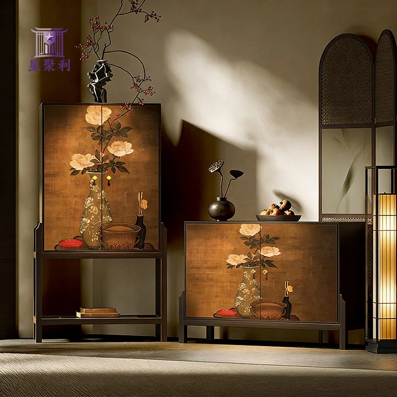 Song Dynasty Aesthetics Wabi Dianhua Bird Solid Wood Bucket Cabinet Entrance High-footed Locker Living Room Chinese Storage Lock