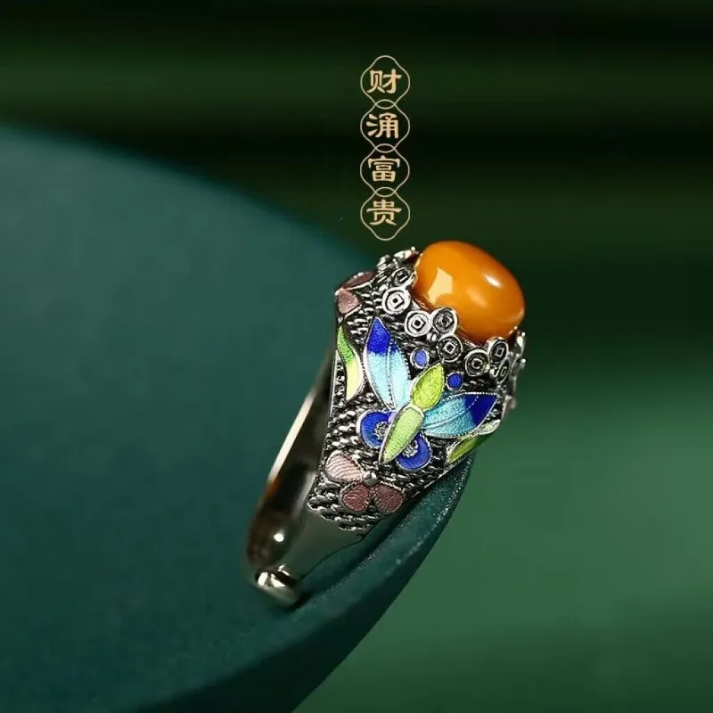 Chinese Antique Style Enamel Natural Amber Ring S925 Sterling Silver Vintage Adjustable Open Band Artisan Craft Gift for Mom