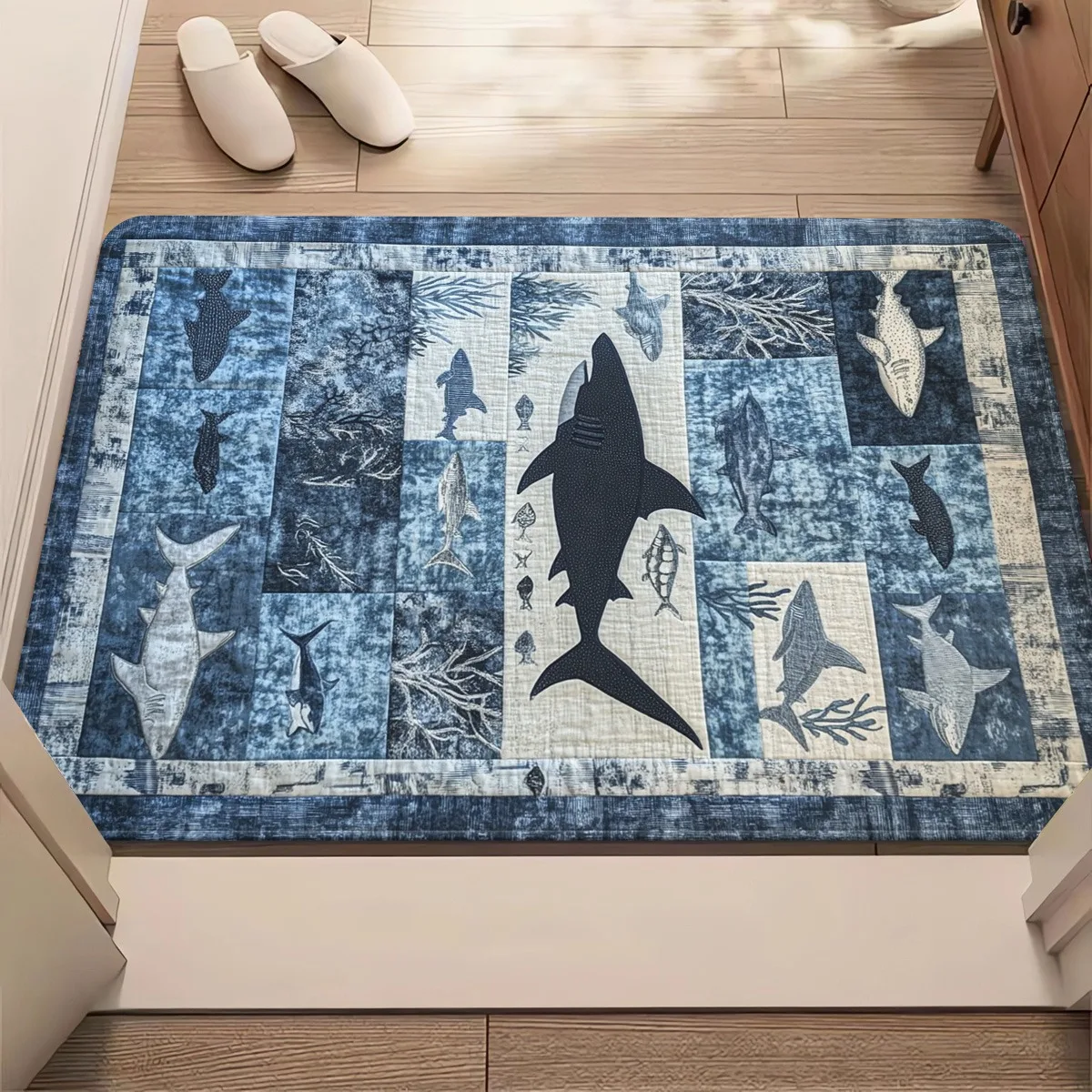 Ocean Shark Patchwork Flannel Rug Marine Life Floor Mat Non-slip Carpet for Bathroom Bedroom Beach House Decor