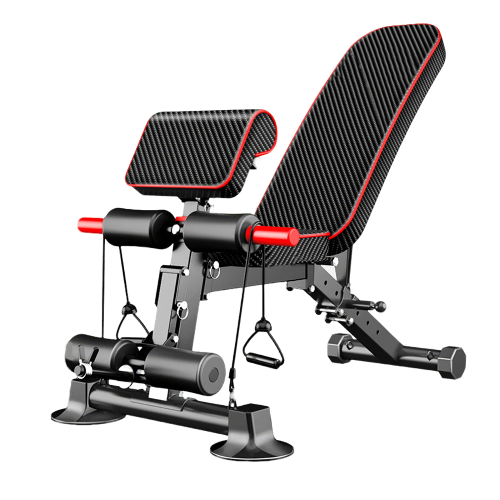 Verstelbare fitnessbank voor full body training met weerstandsbanden, geschikt voor gewichtsheffen, sit-ups en thuisgym workouts.