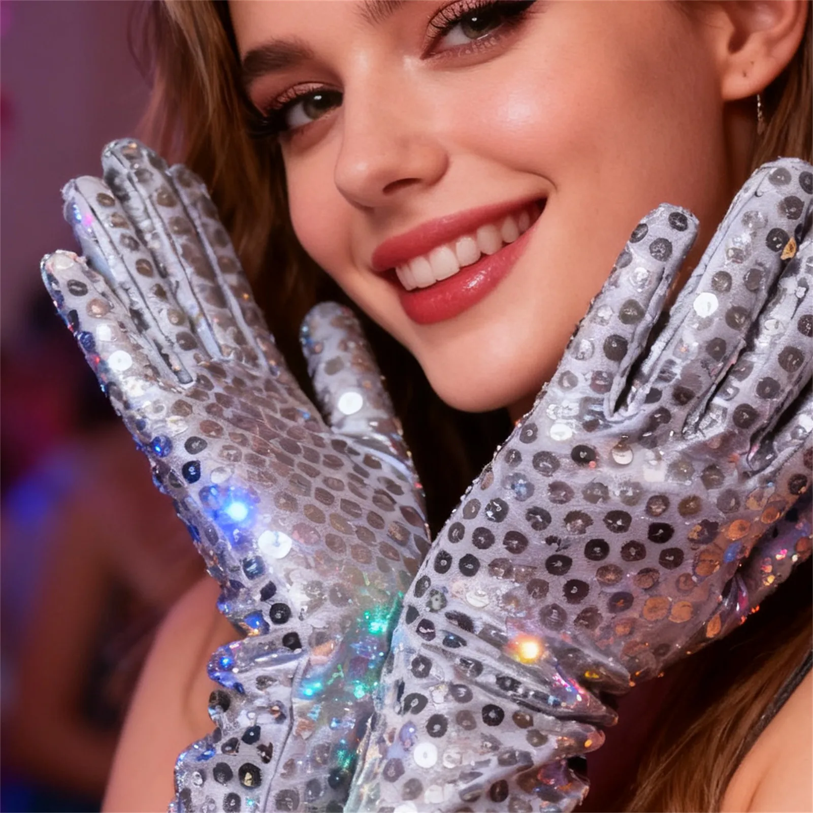 Breathable Mesh Glitter Gloves Silver Shimmering Handwear For Dance Performance Costume Party Gloves Stage Accessory For Women