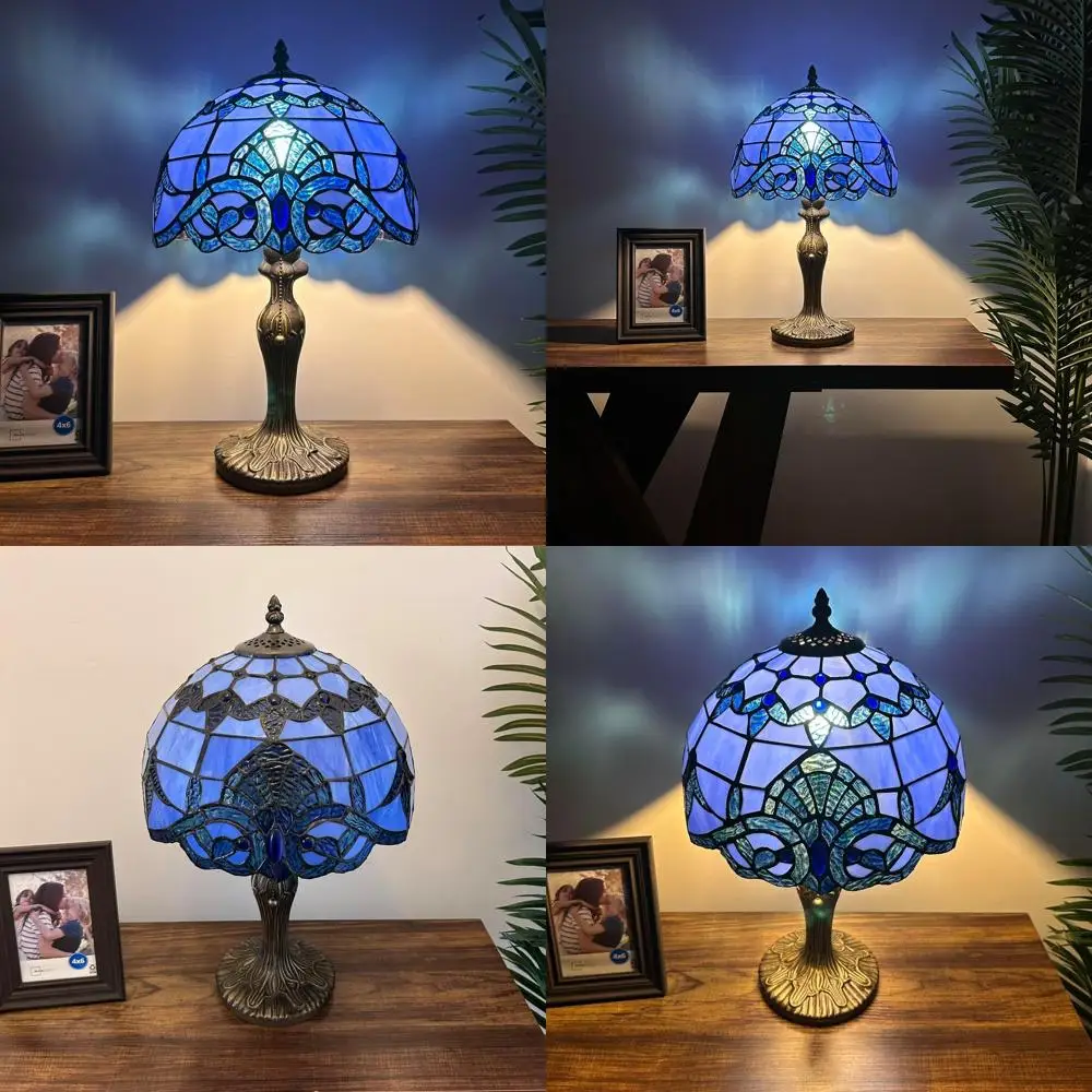 مصباح طاولة باروكي LED من الزجاج الملون باللون الأزرق مع مقاس 12 × 12 × 19 لغرفة المعيشة وغرفة النوم والاستخدام بجانب السرير