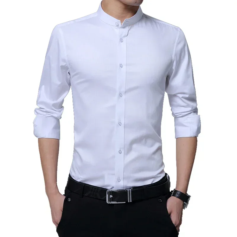 TFETTERS Plus Size 5XL 2024 Stand collar Men Shirt Autumn Smart Casual Long Sleeve Solid Shirt Men Clothes Cotton Slim Fit Shirt