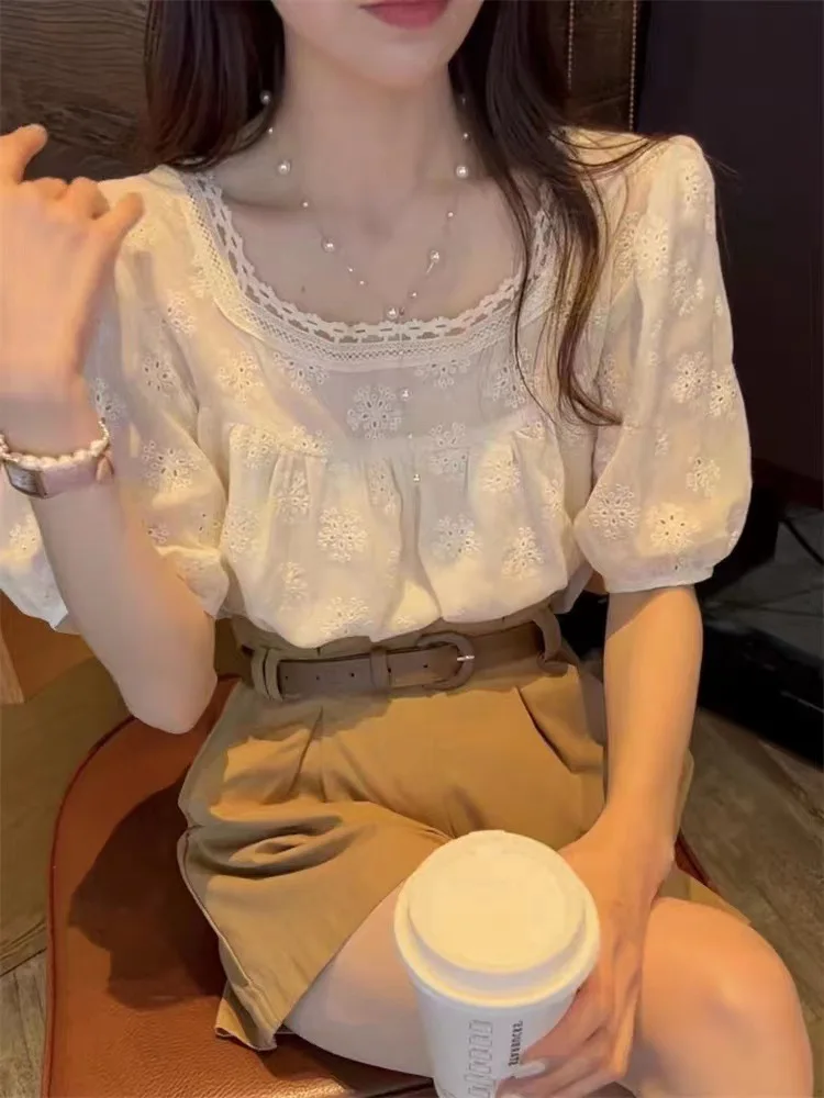 Fashion Summer Women Blouse 2024 New Short Sleeve Elegant Square Collar Tops Apricot Hollow Out Shirts