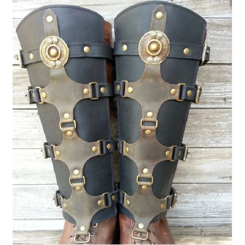 Botas Greaves renacentistas medievales para hombres y mujeres, cubierta de zapatos, armadura de pierna de cuero, Larp, Vikingo, Guerrero, caballero, disfraz, correa, Puttees