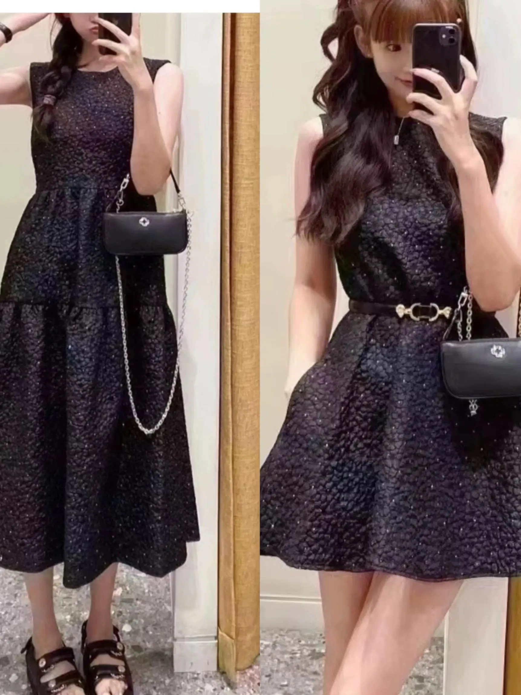 

MJ Home 2024 Autumn New Sle Svel Waist-Cinched Bla round Ne Long Dr Hepburn Diamond Embedded Little Bla Dr