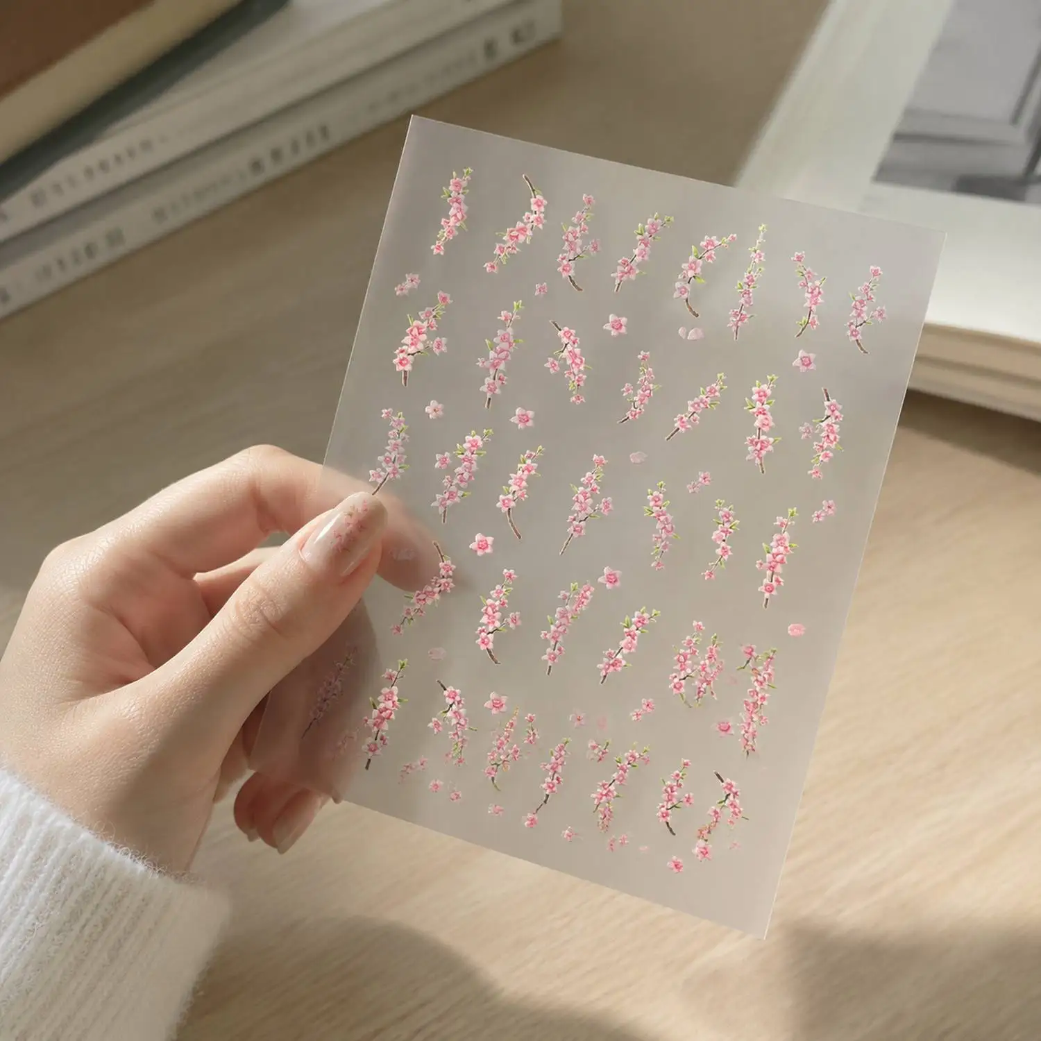 1Pc Realistic Embossed Floral Nail Art Sticker Pink Petal Branch Nail Decal Multi Size Blossom Nail Slider