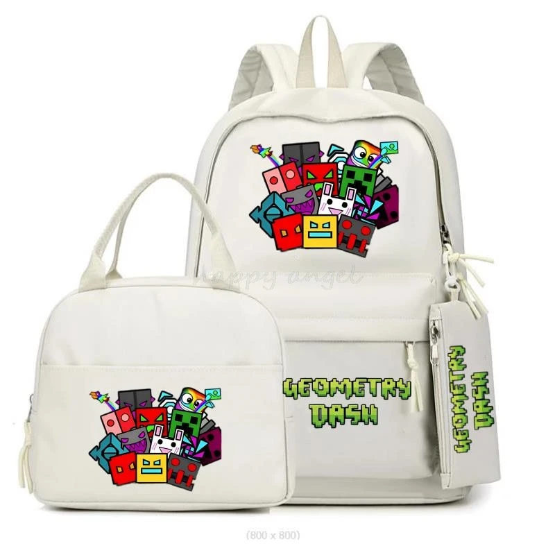 New Geometry Dash Backpack 3Pcs Set Funny Cartoon Game School Bags Girls Boys Primary School Bookbag With Lunch Bag Pen Bag Gift