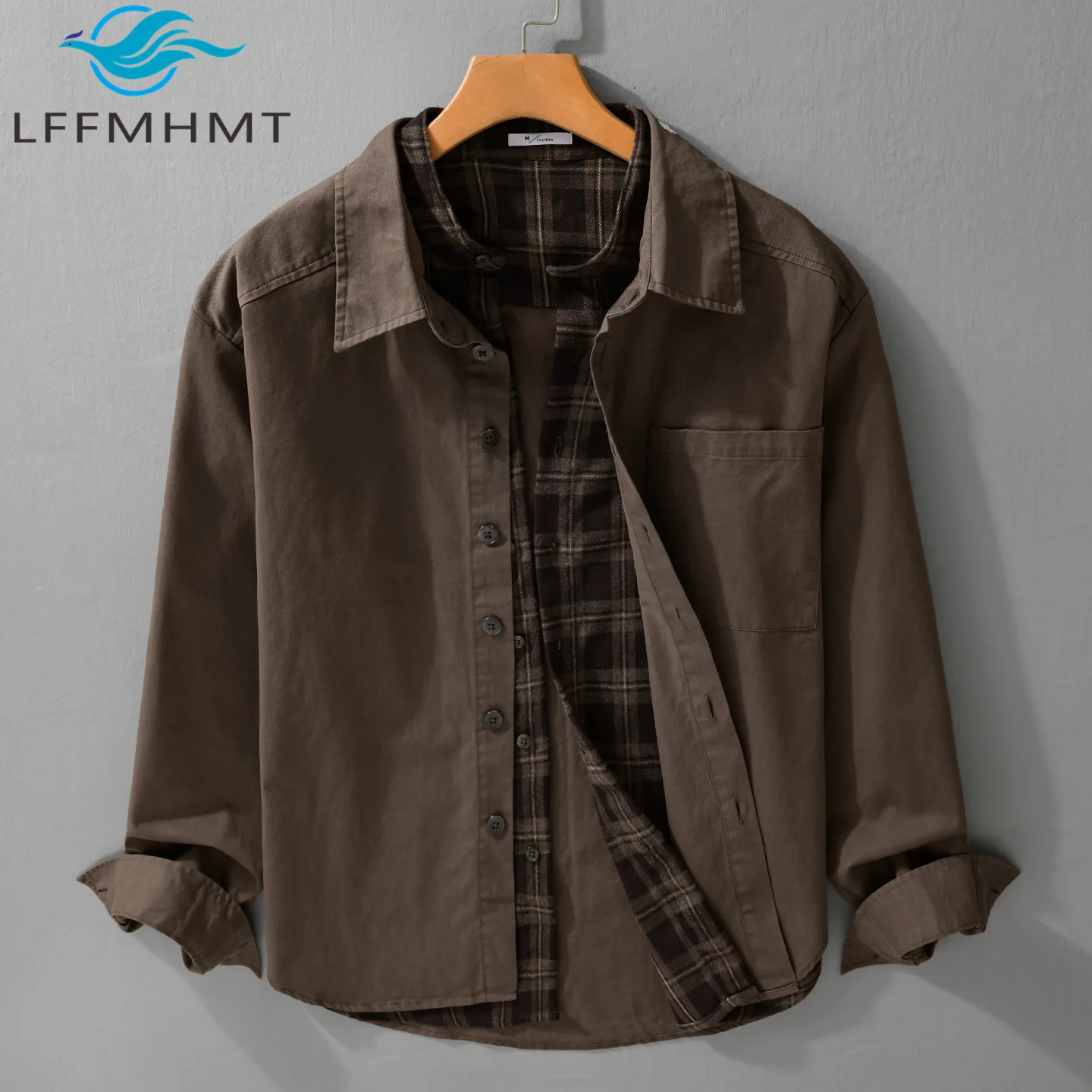 8005 Men's Long Sleeve American Trendy Striped Fake Two-piece Shirt Spring Autumn Loose Casual Retro Style Vintage Cotton Tops