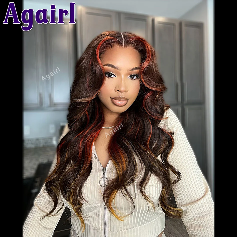 32Inch Red Orange Highlights Body Wave Human Hair Wigs 13x6 Transpaprent Lace Frontal Wig Pre Plucked 6X4 Closure Wigs For Women