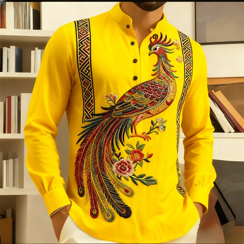 Kemeja etnik pria lengan panjang dengan cetakan 3D Phoenix |   Pola tradisional yang berwarna-warni |   Kemeja formal kasual untuk kantor/acara