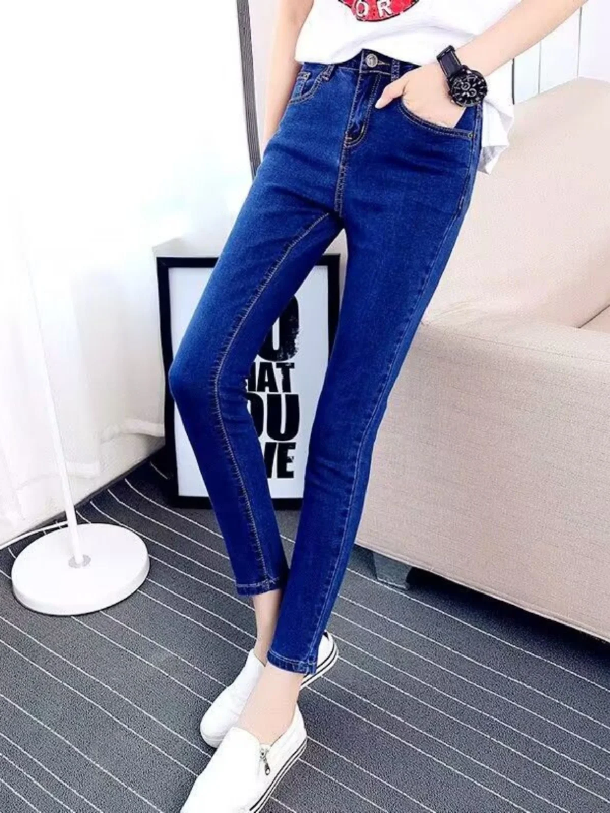 Deep Blue High Waist Women's Skinny Jeans Elastic Cotton Stretch Denim Spring Autumn Korean Style Slimming Nine-Piece Pencil ...