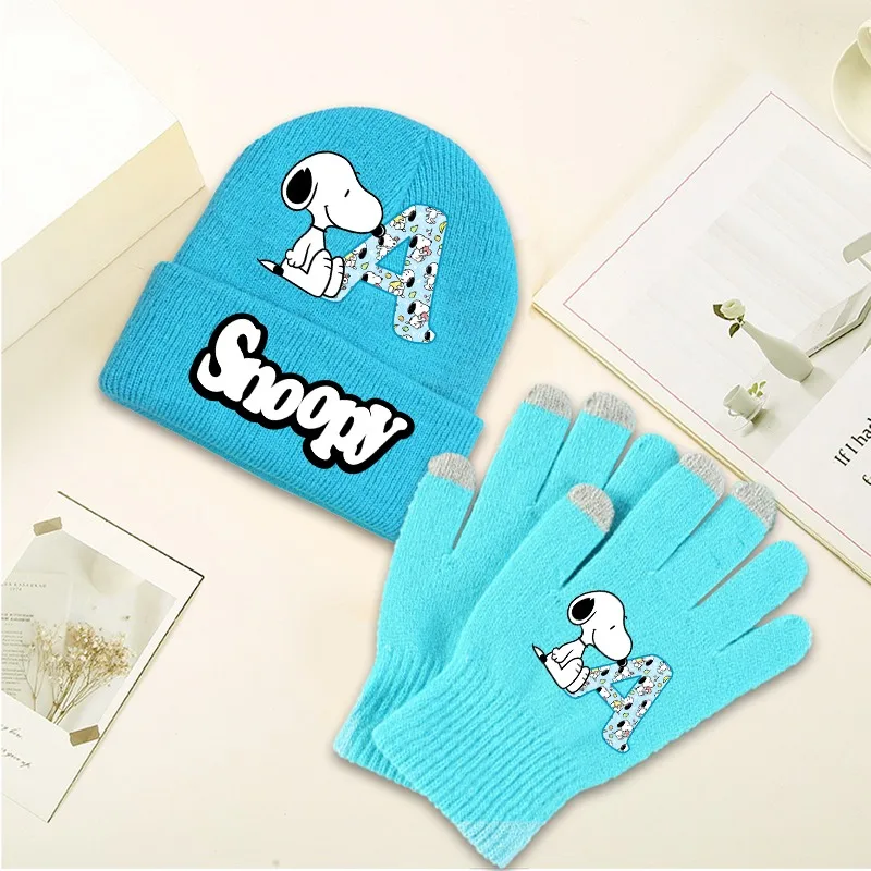 2PCS Snoopys Knitted Hat and Gloves Set Cartoon Anime Letters A-Z Printed Winter Supplies Boys Girls Cute Beanies Party Gifts