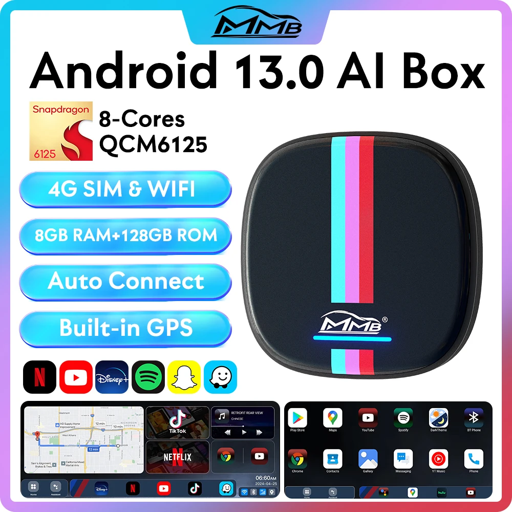 Мультимедийный адаптер MMB Smart Box CarPlay Wireless с поддержкой Android 13, AI Box 8+128G, GPS, BT5.2, QCM6125, 8 ядер для BMW ID6, ID7, ID8, ID8.5, ID9