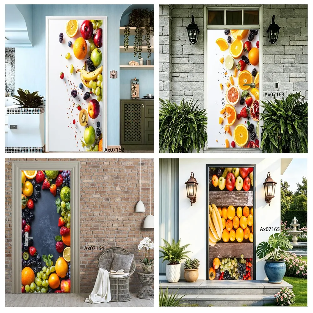 Fruit Door Decal Removable Waterproof Door Wallpaper Fresh Apple Banana Citrus Pattern Self Adhesive Sticker Kitchen DIY Decor