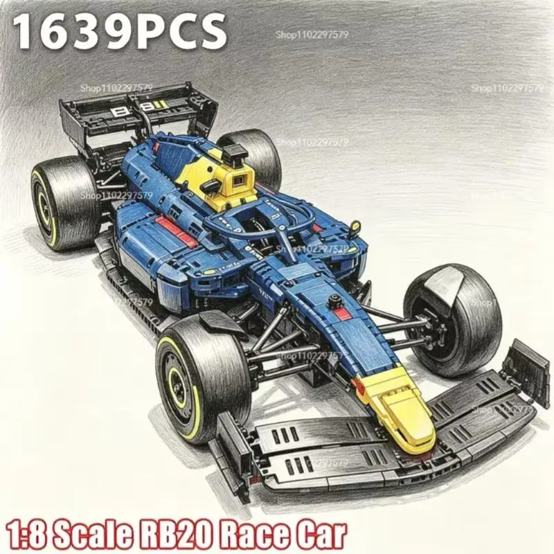 1639PCS Technical 1:8 RB20 Performance Racing Car Building Blocks MOC Formula Race Car Model Assembly Toy Birthday Gift for Boys