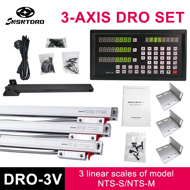 DRO-3V Digital readout Display and 3 Pieces 0-1000mm Linear scales Encoder For Milling machine EDM Boring Machine Grating ruler