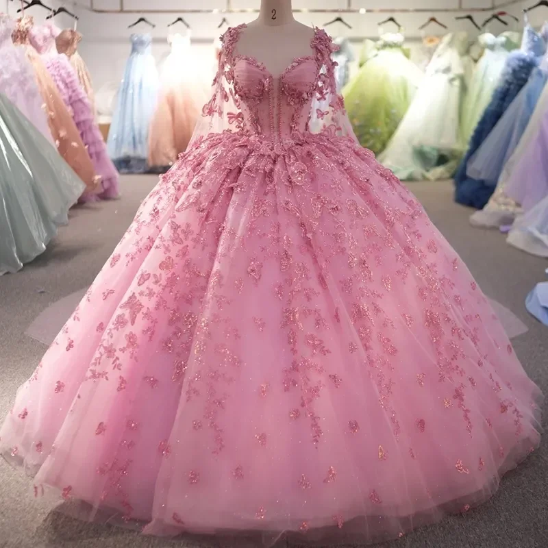 Brilhante rosa vestido de baile bonito miçangas querida fora do ombro quinceanera capa vestido rendas até princesa com vestidos de 15 anos