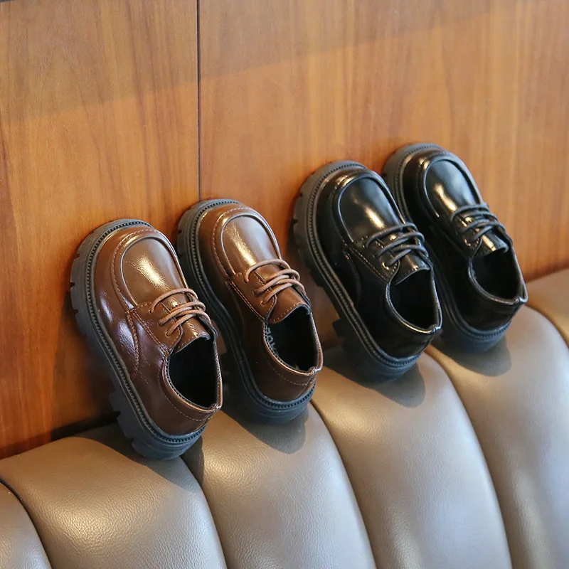 Boys Casual Shoes for Wedding Party Black Leather Shoes Fashion Classic Laces Thick Bottom Girls Loafers Kids School Shoes Soft