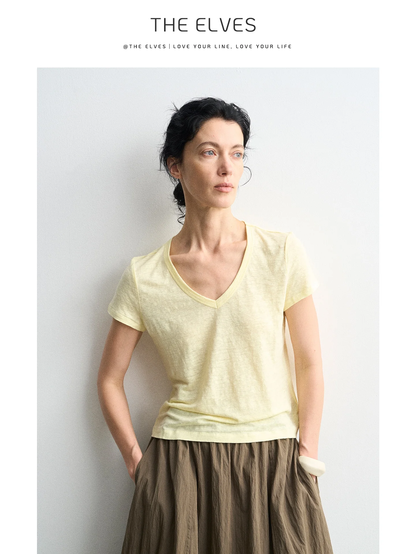 

Simple Style V-Neck Short Sleeve T-Shirt Versatile Design Egg Yellow Top Summer Thin Linen Material Ladies Fashion