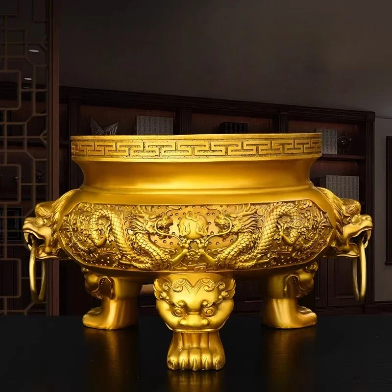 Brass Incense Burner Ornament with Two Dragons Playing with A Pearl Three-Legged Tripod with Animal Heads for Home
