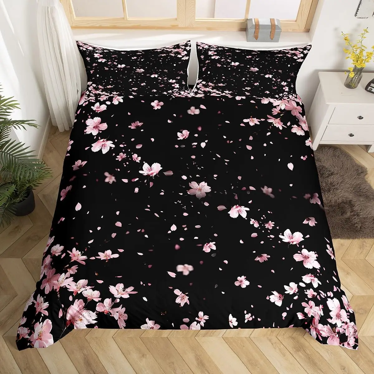 Pink Cherry Blossom Duvet Cover Twin King,Japanese Flowers Blossoms Romantic Floral Bedding Set,Farmhouse Petals Comforter Cover