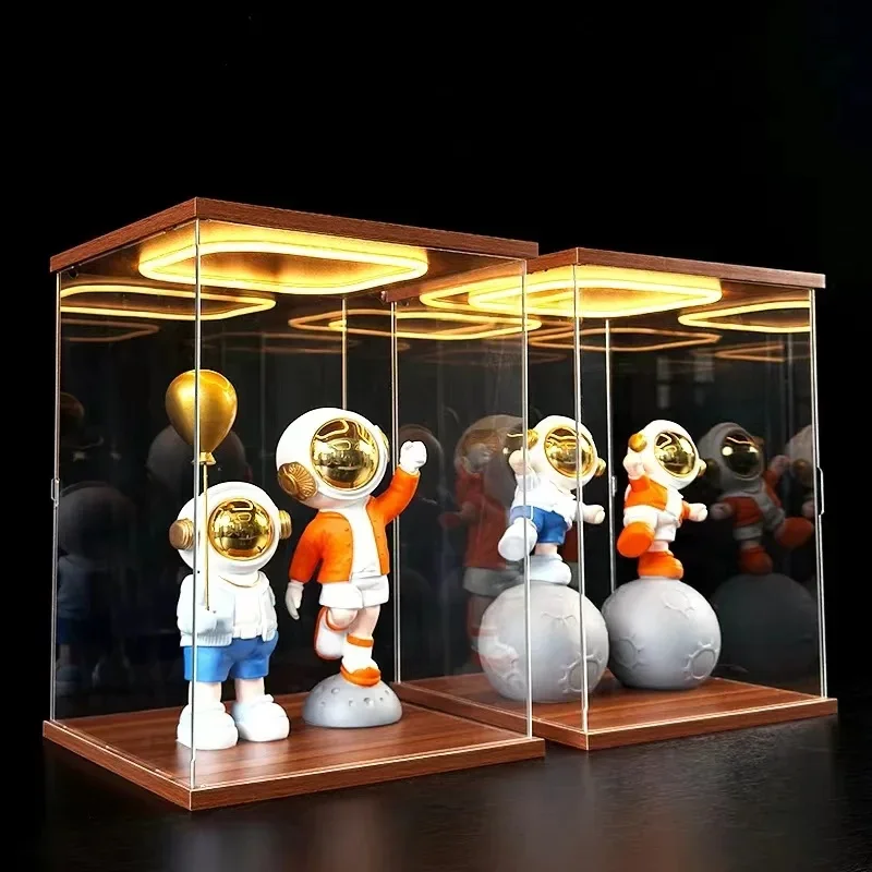 Walnut Color Acrylic Clear Display Case with Ring LED Lights for Car Model, Storage Box with for Collections, Figure Showcase