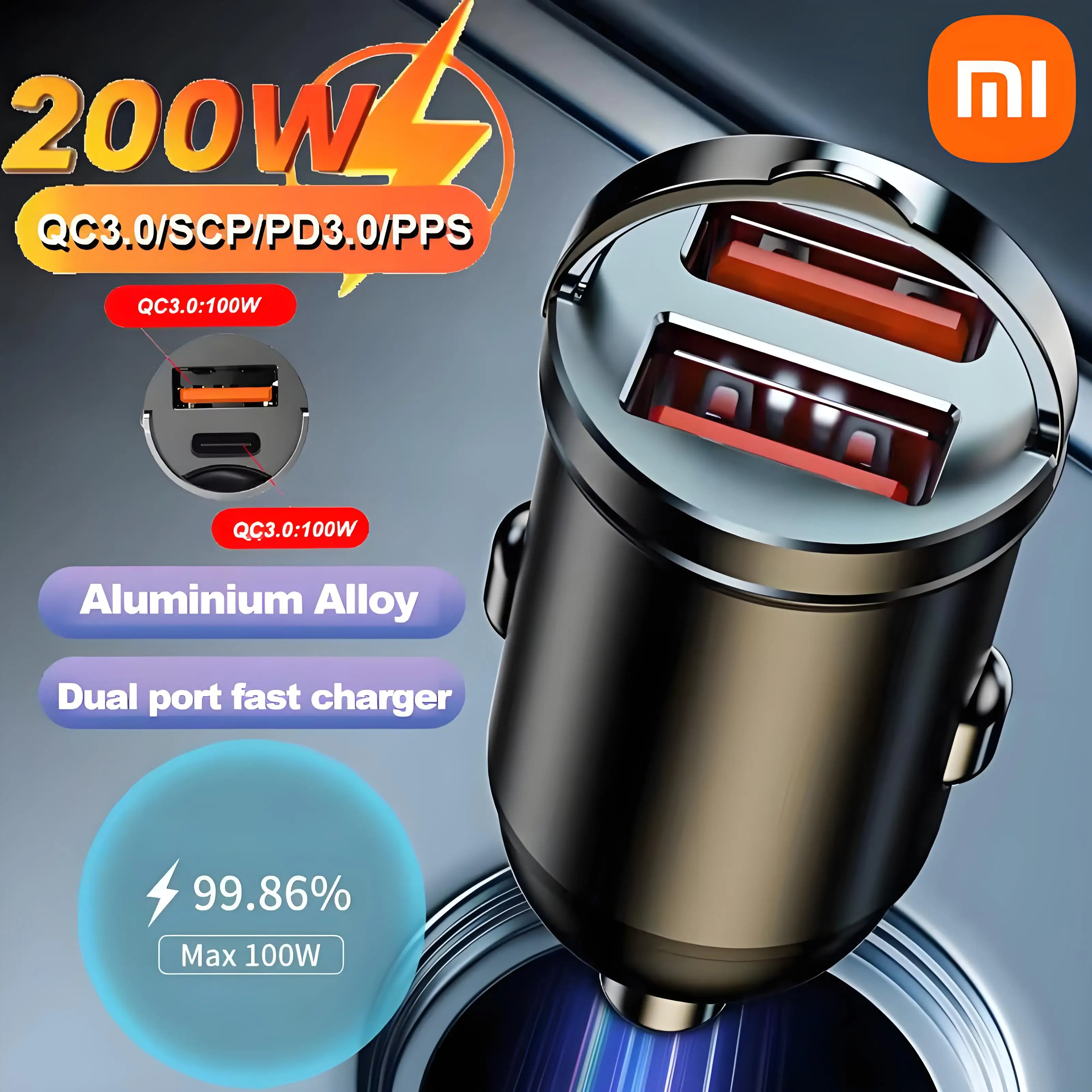 Xiaomi Car Charger 200W Fast Charging USB Charger Car Power and Starter System 12-24V Mobile Phone Charging Adapter Auto Parts