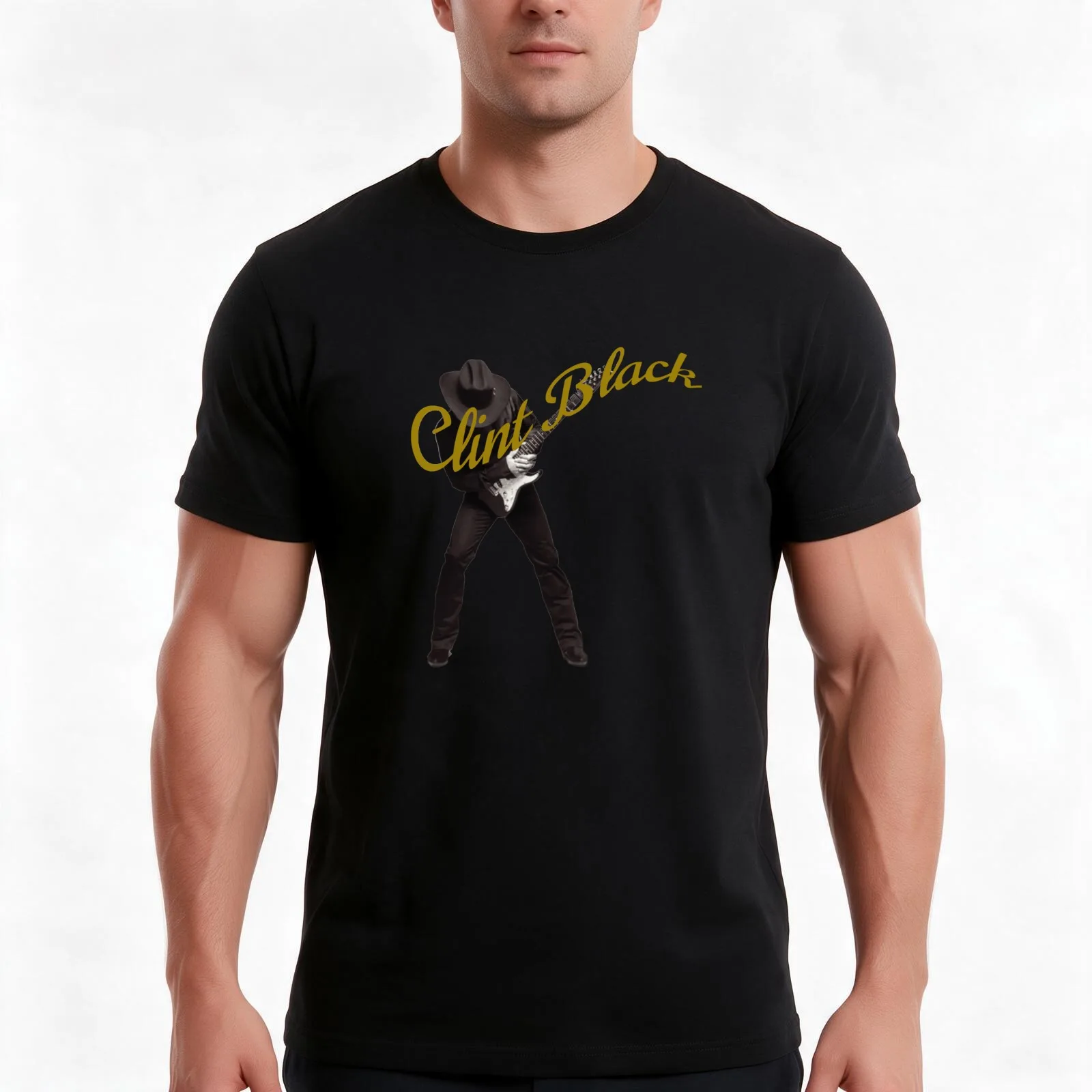 Clint Black guitar T-Shirt, Summer Casual Cotton Tee, Oversized Streetwear Tops, Vintage Graphic Print, Loose Fit Short Sleeve