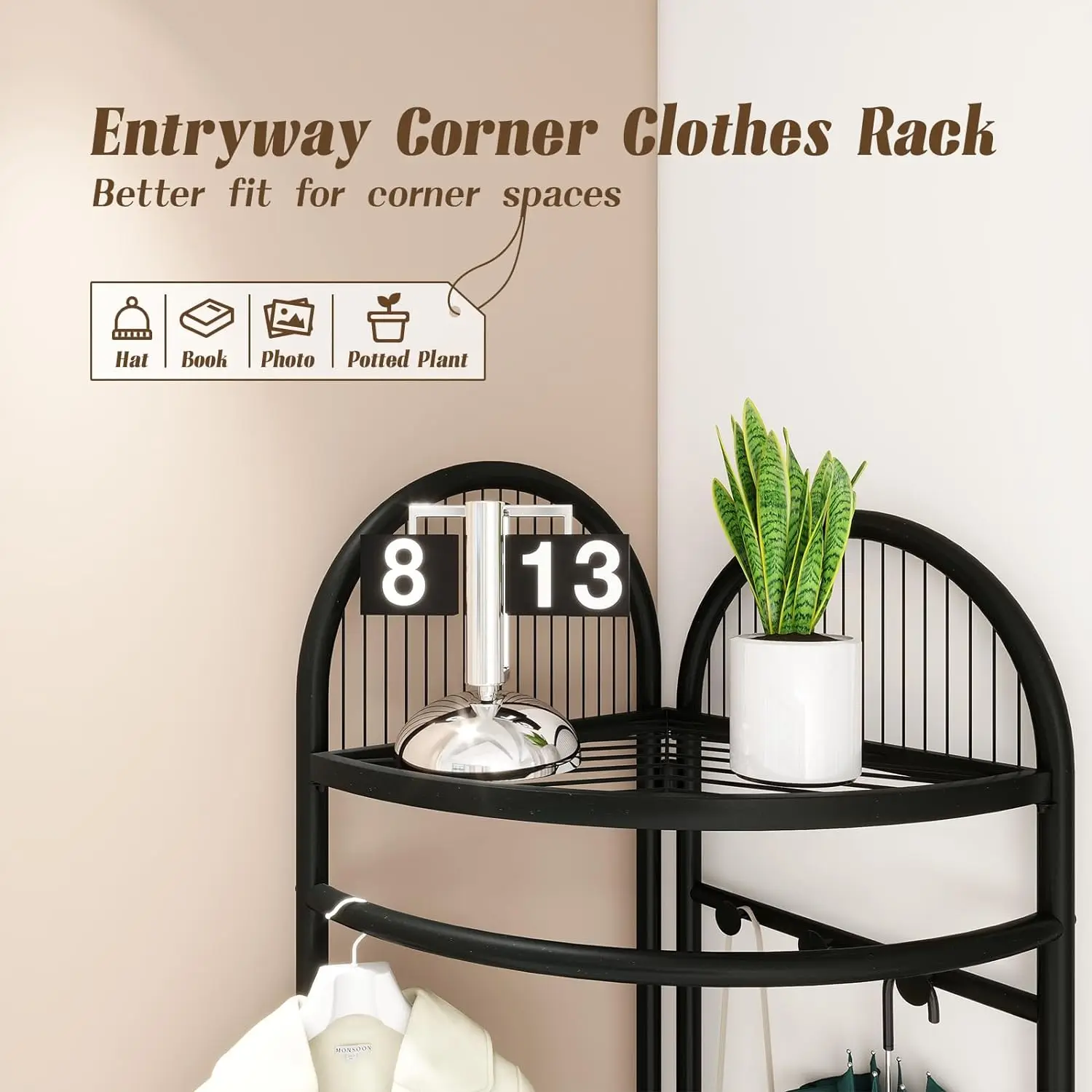 Multifuncional Corner Hall Rack com Armazenamento, Cornercoat Rack, Metal Cornerclothes Rack para Quarto, Vestuário Rack para Entrada