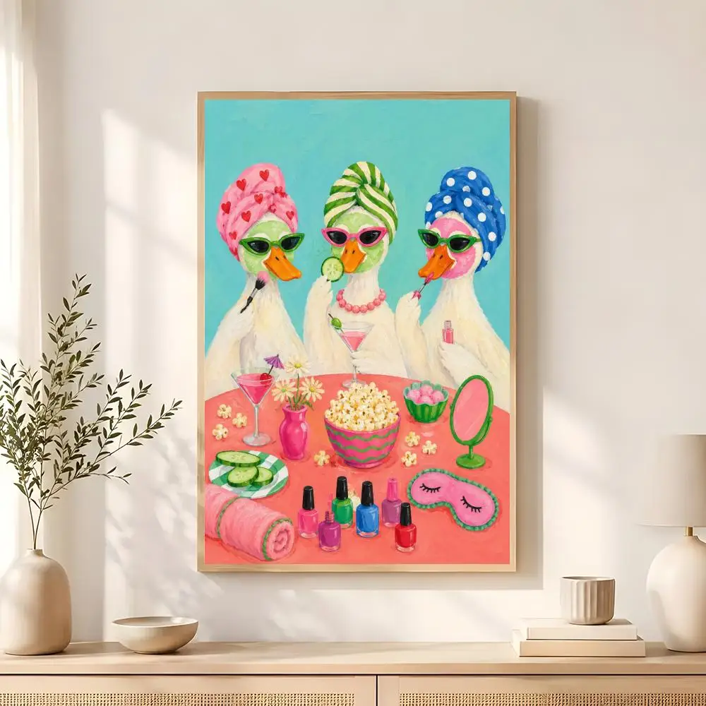 Retro Duck Wine Party Poster Wall art poster artistic painting for living room home decoration  also ideal as a gift