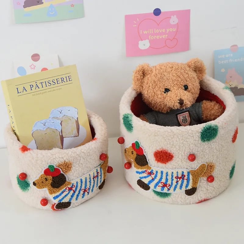 

Desktop Storage Box Christmas Gift with Lid Storage Basket Cute Lamb Wool Polka Dot Dachshund Creative Storage Basket