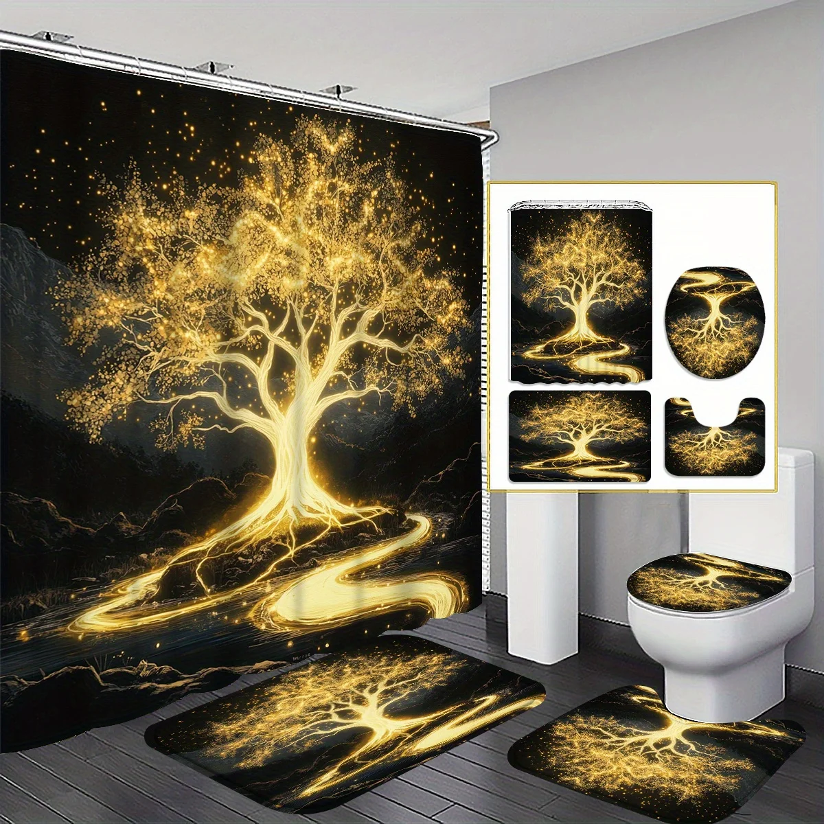 

4 шт., темное звездное небо, золотое дерево удачи, набор занавесок для душа, занавеска для ванной комнаты, декор для ванной комнаты, занавеска для душа, ванная комната