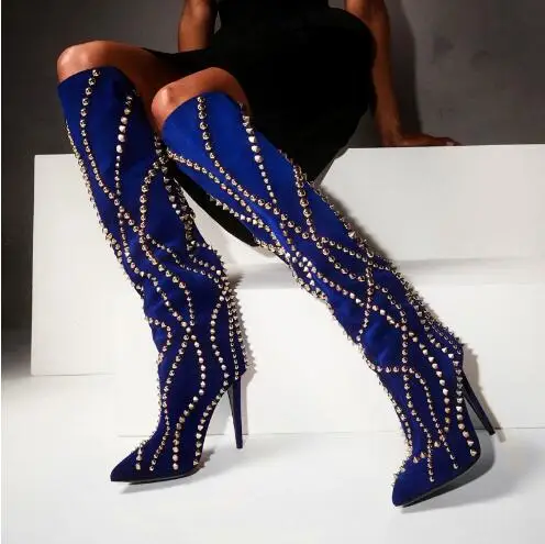 

Designer Women Blue Black Suede Rivet Spike Knee High Boots Female Fashion Run Way Pointed Toe Thin Heels Tube Slip On Boots