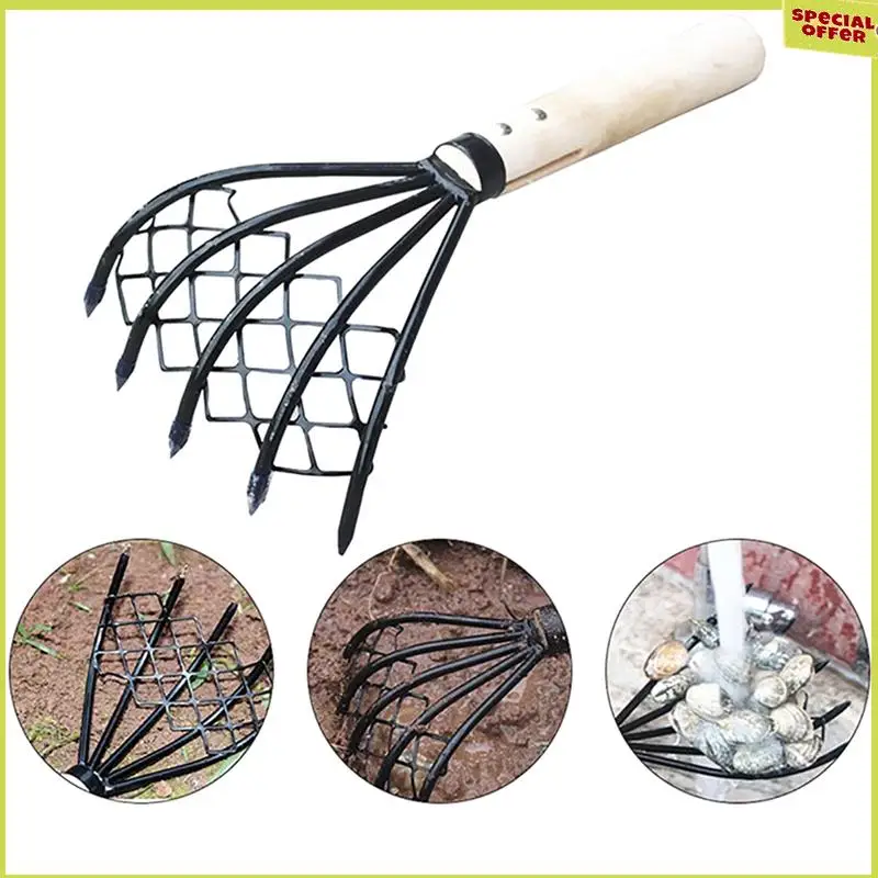 A34R Small Nail Rake With Net Bag Small Rake Shell Digging Tool Sea Catching Small Wooden Rake Wooden Handle Rake Small Rake