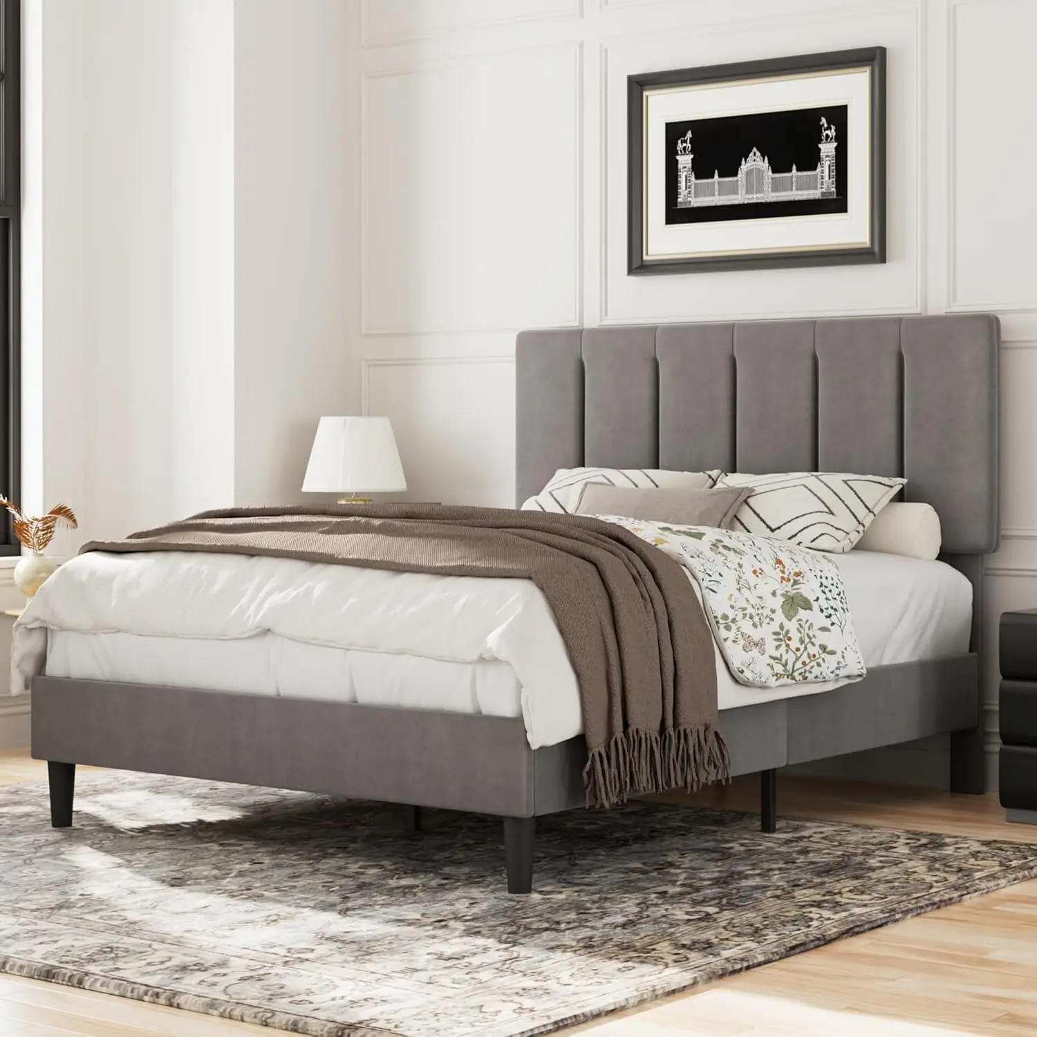 Full Size Bed Frame with Upholstered Headboard, Platform Bed with Wooden Slats, No Box Spring Needed, Dark Grey
