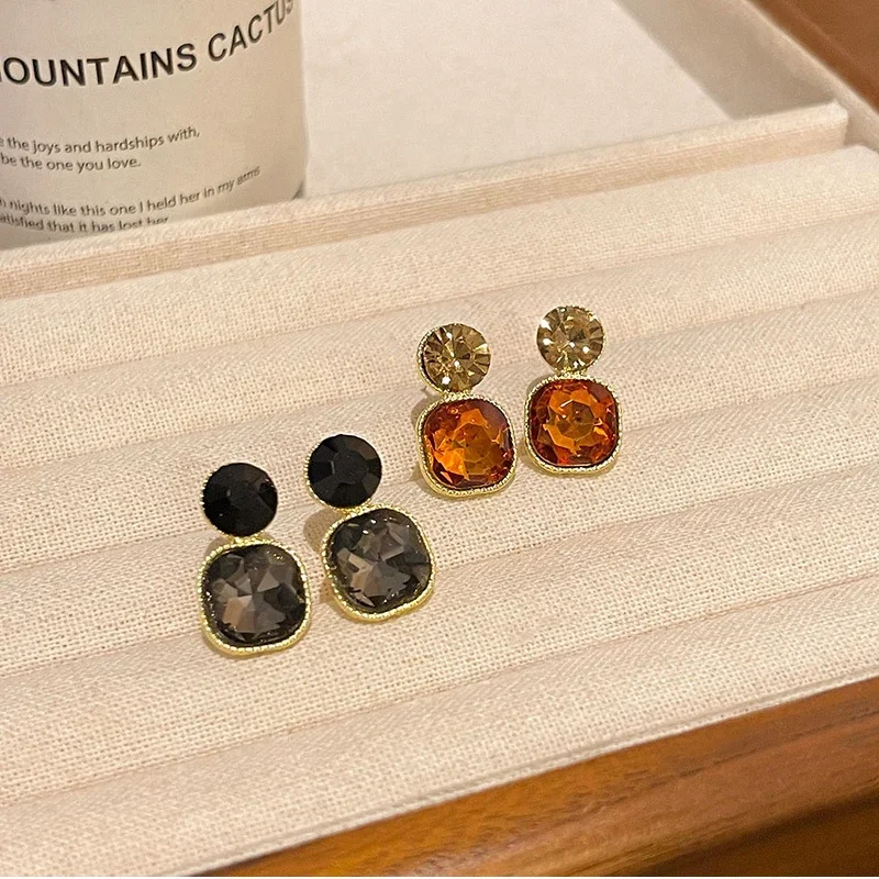 New Sugar Crystal Champagne Black Color Geometry Square Round Drop Earring for Women New Party Jewelry Christmas Girl Gift