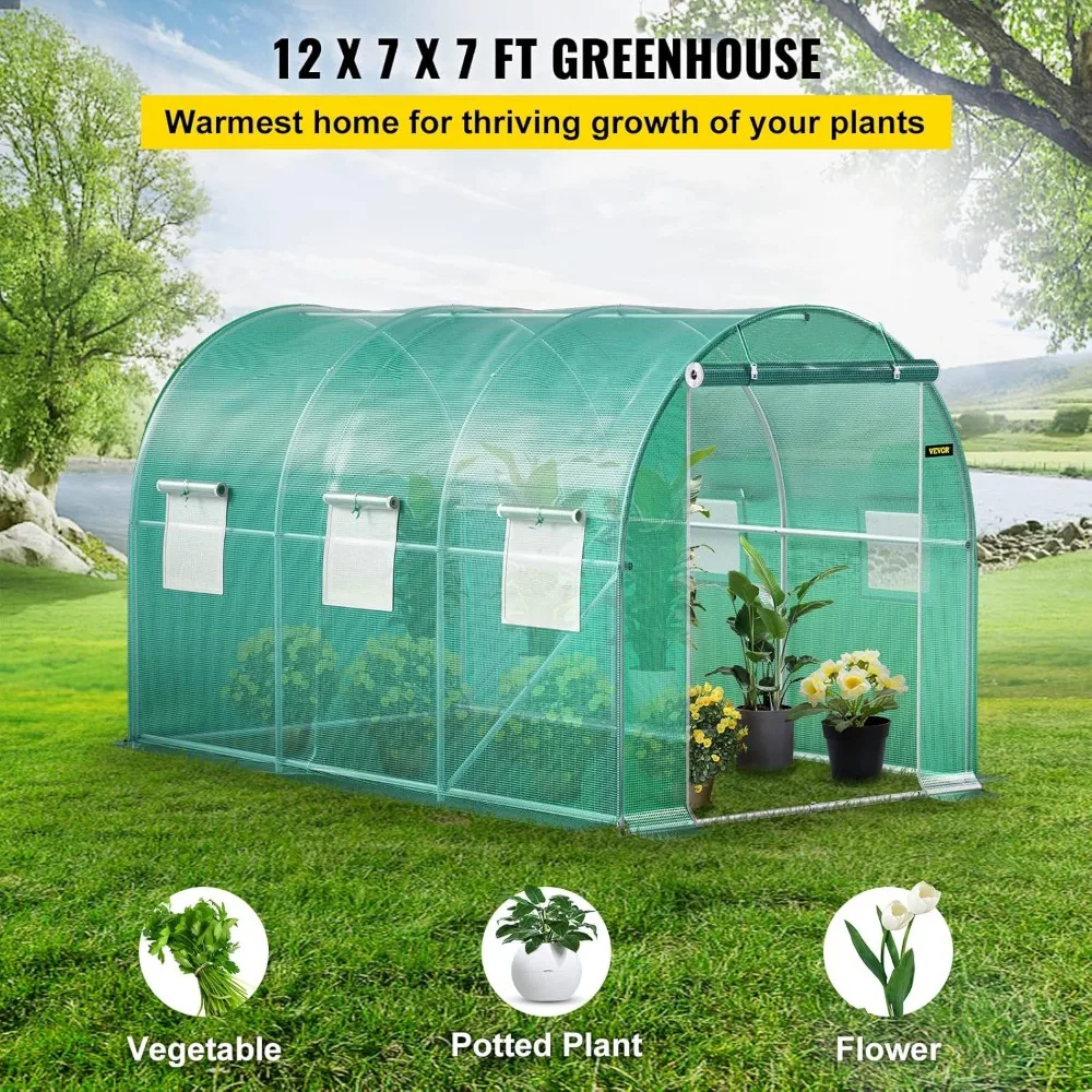 Walk-in Tunnel Greenhouse, Portable Plant Hot House w/ Galvanized Steel Hoops, 1 Top Beam, 2 Diagonal Poles, 2 Zippered Doors