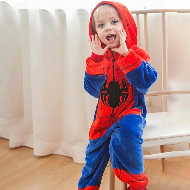 AD1 Spiderman Plush Pajamas Bodysuit Superhero Cosplay Costume Zipper Jumpsuits Warm Boys Girls Homewear Pyjamas Halloween 5@rD~