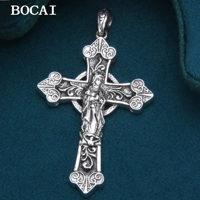 

BOCAI New S925 Sterling Silver Personalized Fashionable Tang Grass Set with Zircon Maria Cross Pendant Gift for Men and Women