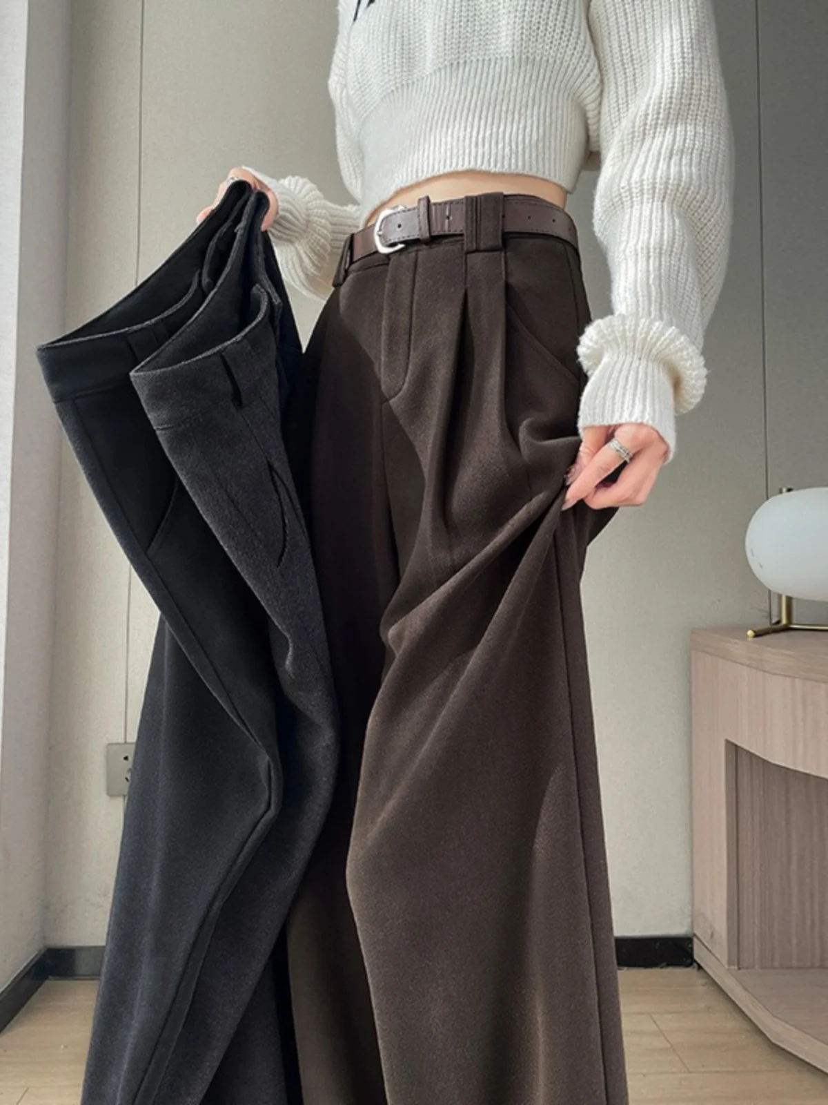 

Retro High Waist Wide Leg Pants Women's Autumn Loose Slimming Woolen Straight Cut Thiened Casual Trousers Commute Sle
