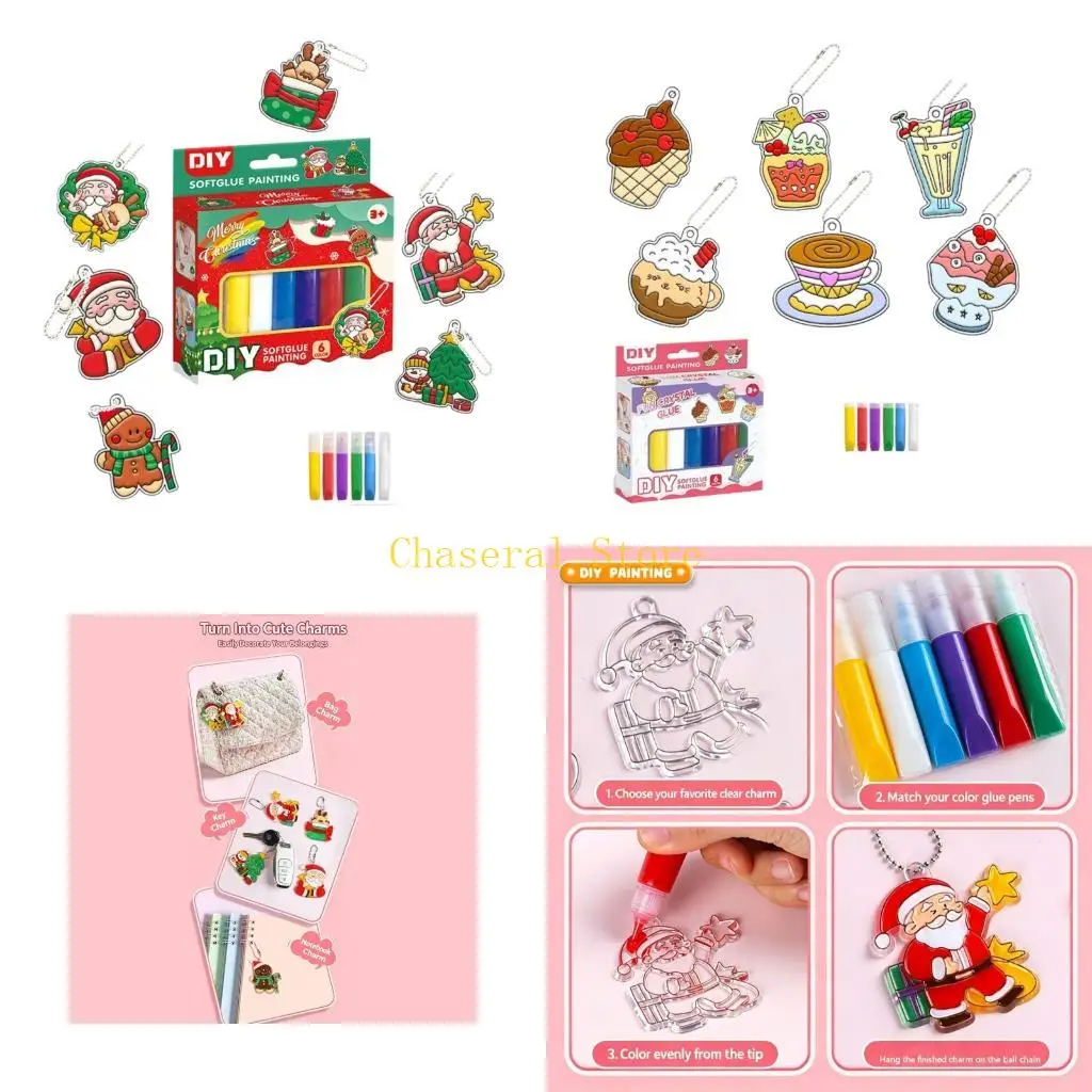 E7CE DIY Bag Charm Craft Set for Kids Ages 3+, Color Fill Art Activity with 6 Templates, 6 Paint Pens, 6 Cords for Crafts