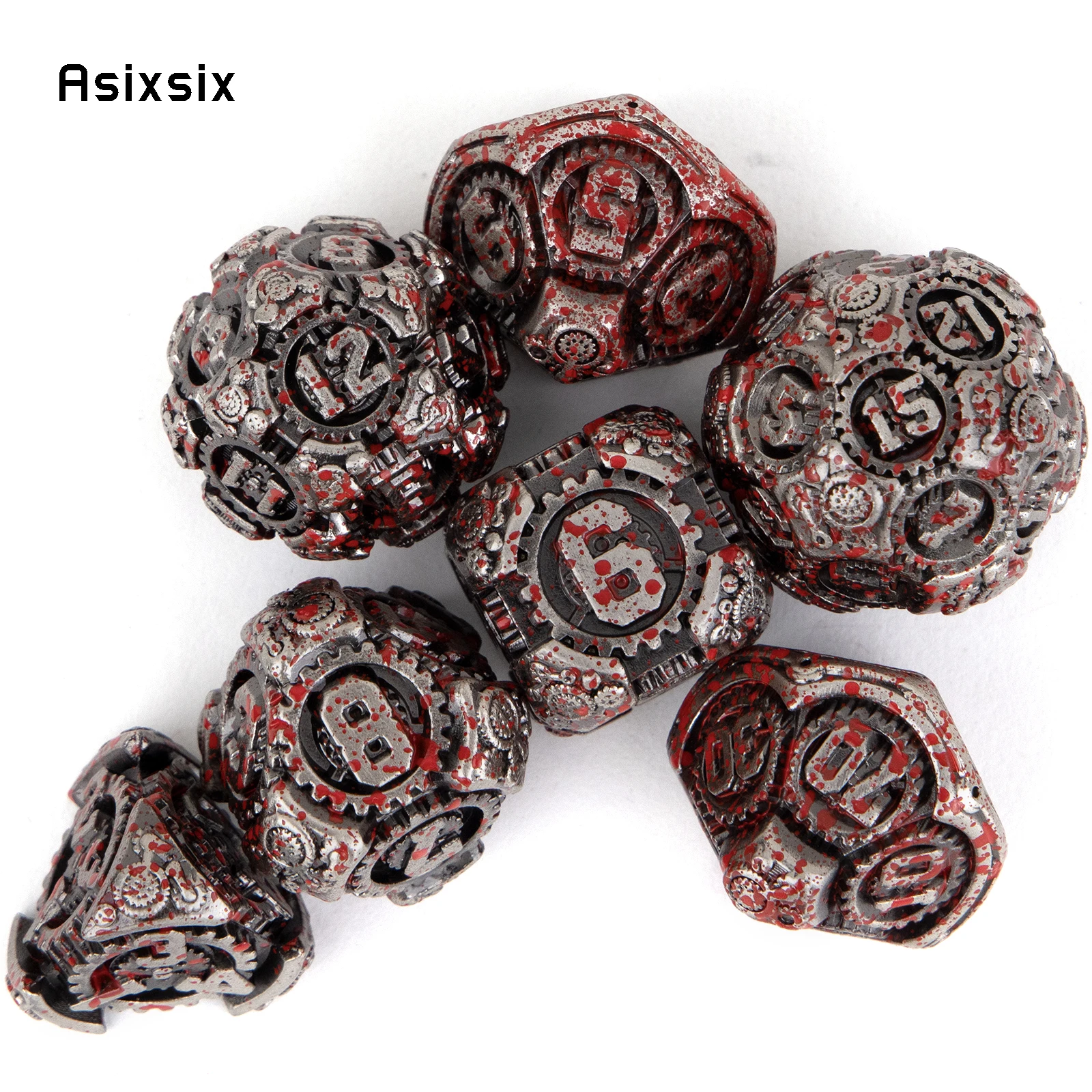 7 Pcs Silver Red Gear Wheel Metal Dice Solid Metal Polyhedral Dice Set Suitable for Role-Playing RPG  Board Game Card Game