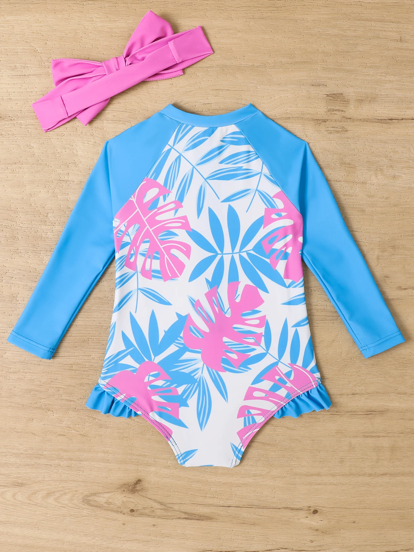 Baby Summer Swimsuit Long Sleeve Pleated Dress Flower Zipper Beach Wear One-piece Baby Swimsuit