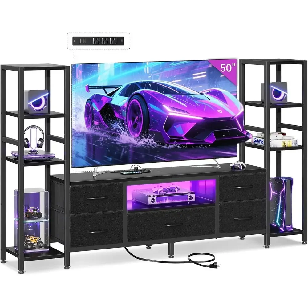 

TV Stand or 40/50/55 Inch TV, Low-Proile Entertainment Center with LED Lights & Power Outlets, TV Stand with Ders & Open Shelves
