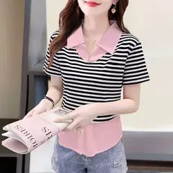 2024 Summer New Women's Shirt Polo-Neck Fashion All-match Striped Short Sleeve T-shirt Loose Casual Spliced Fake Two Pieces Tops