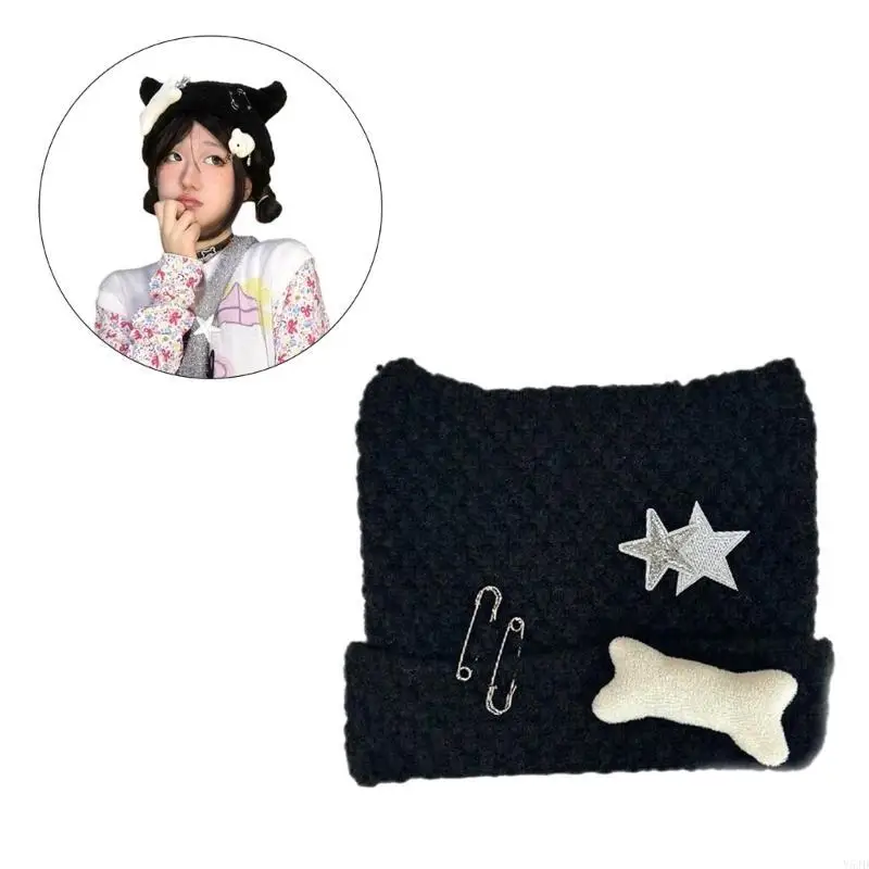 y5jd punk beanie kebknited hat ear for y2k girl hat with crocheted beanie for 2000s
