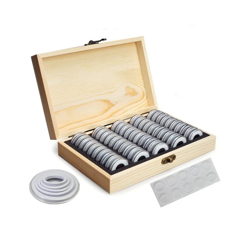 

50PCS Coin Capsule Case with Foam Gasket & Wooden Organizer Box For 18/21/25/27/30mm Collectable Coin Holder Case